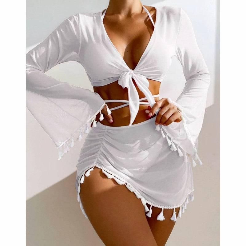 4pcs Solid Color Bikini With Short Skirt And Long Sleeve Cover-up Fashion Bow Tie Fringed Swimsuit Set Summer Beach Womens Clothing Veloura Intimate