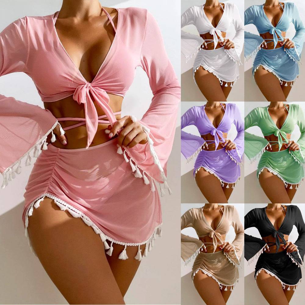 4pcs Solid Color Bikini With Short Skirt And Long Sleeve Cover-up Fashion Bow Tie Fringed Swimsuit Set Summer Beach Womens Clothing Veloura Intimate