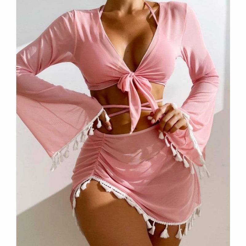 4pcs Solid Color Bikini With Short Skirt And Long Sleeve Cover-up Fashion Bow Tie Fringed Swimsuit Set Summer Beach Womens Clothing Veloura Intimate
