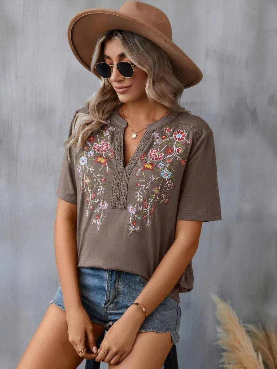 Fashion Flowers Embroidery Short Sleeve T-shirt Summer Stitching Lace-collared Blouse Womens Clothing Veloura Intimate