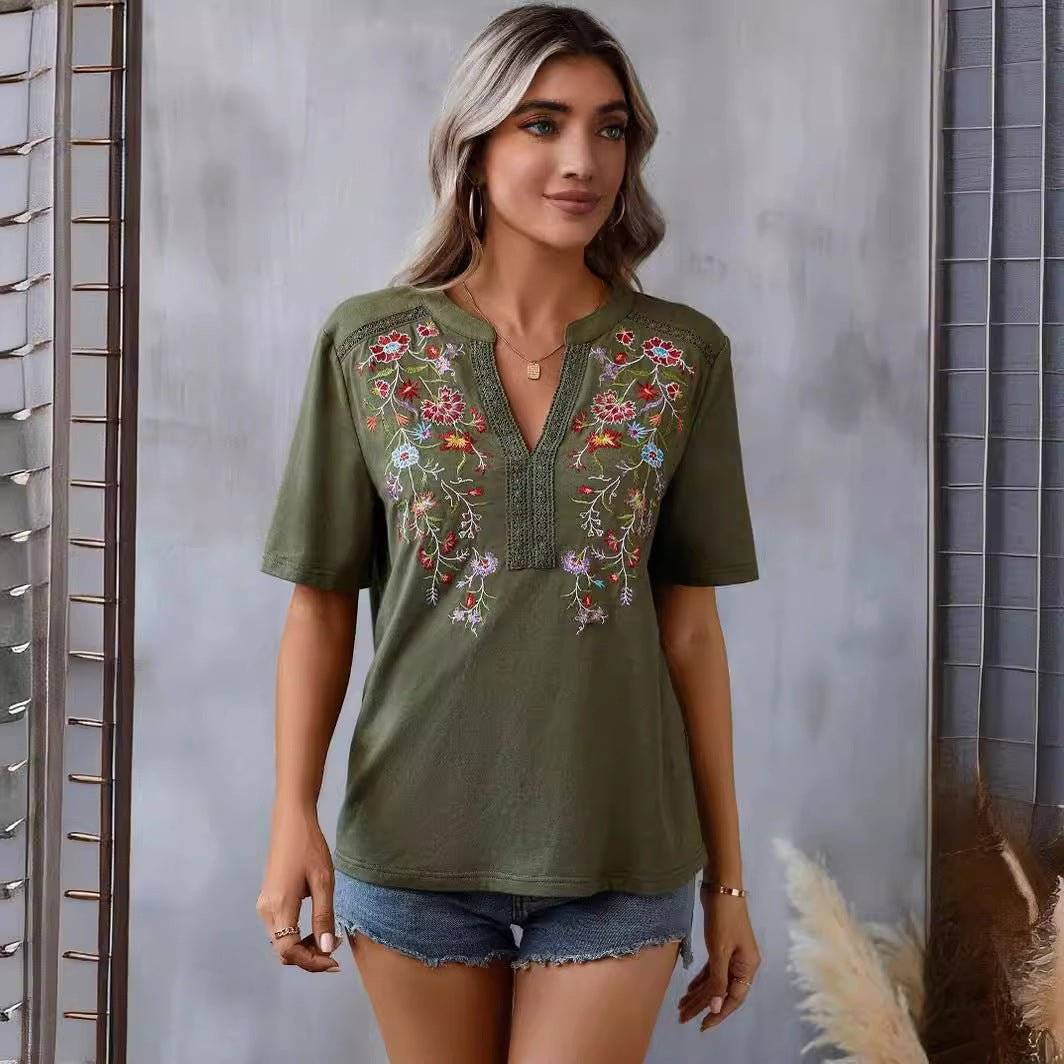 Fashion Flowers Embroidery Short Sleeve T-shirt Summer Stitching Lace-collared Blouse Womens Clothing Veloura Intimate