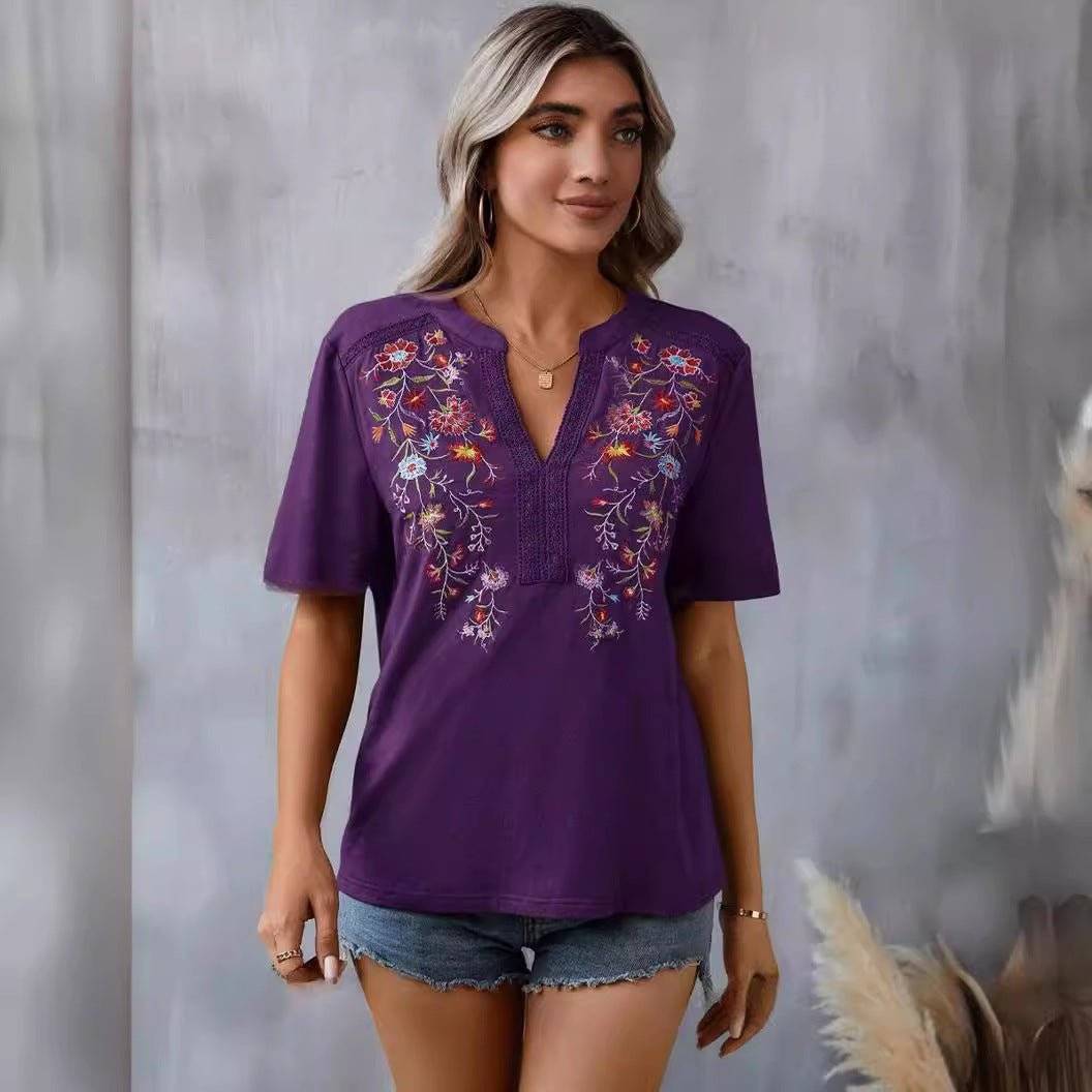 Fashion Flowers Embroidery Short Sleeve T-shirt Summer Stitching Lace-collared Blouse Womens Clothing Veloura Intimate