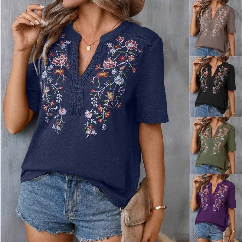 Fashion Flowers Embroidery Short Sleeve T-shirt Summer Stitching Lace-collared Blouse Womens Clothing Veloura Intimate