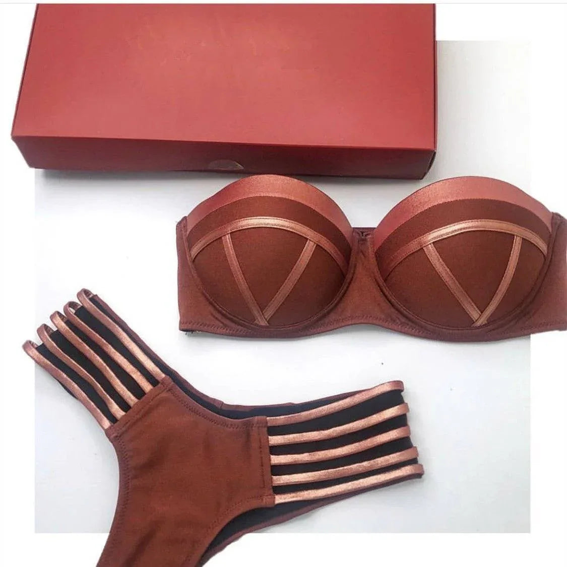 Metallic Bronze Luxe Strappy Lingerie Set – Sculpted Cup Bra &amp; Multi-Strap Panty Veloura Intimate