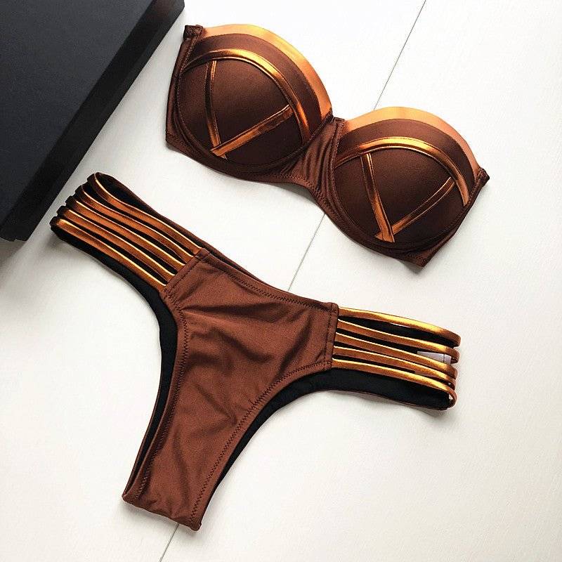 Metallic Bronze Luxe Strappy Lingerie Set – Sculpted Cup Bra &amp; Multi-Strap Panty Veloura Intimate