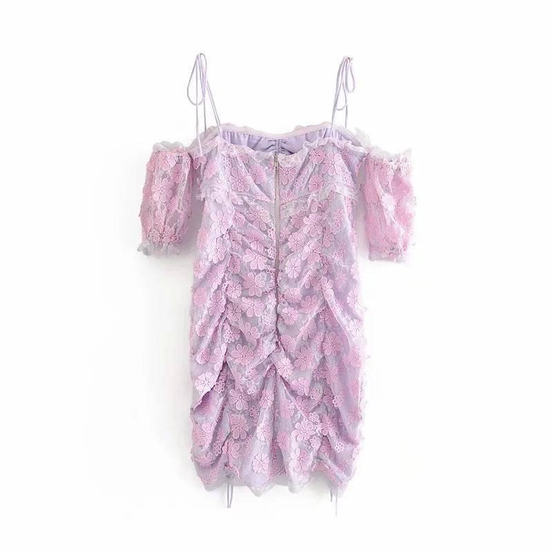 Vintage lace floral embroidery strap hollow ruffle purple dress Veloura Intimate