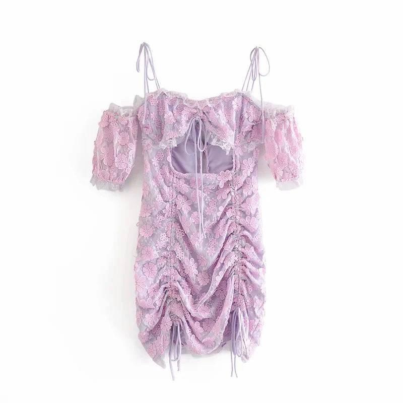 Vintage lace floral embroidery strap hollow ruffle purple dress Veloura Intimate