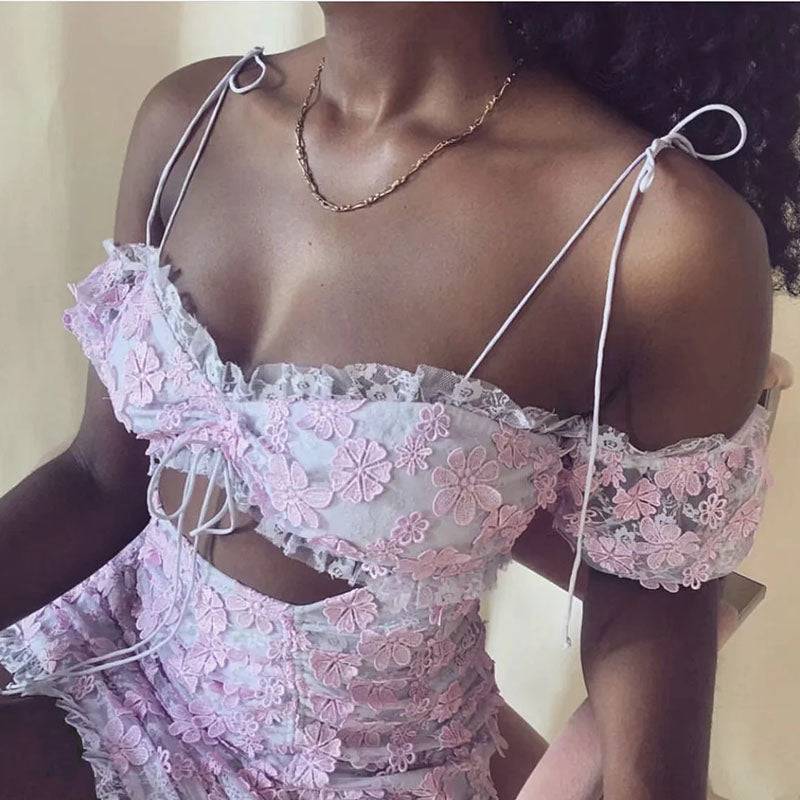 Vintage lace floral embroidery strap hollow ruffle purple dress Veloura Intimate