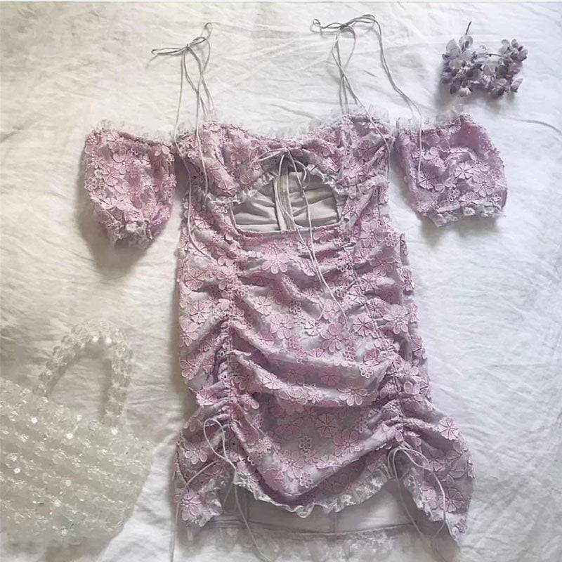 Vintage lace floral embroidery strap hollow ruffle purple dress Veloura Intimate