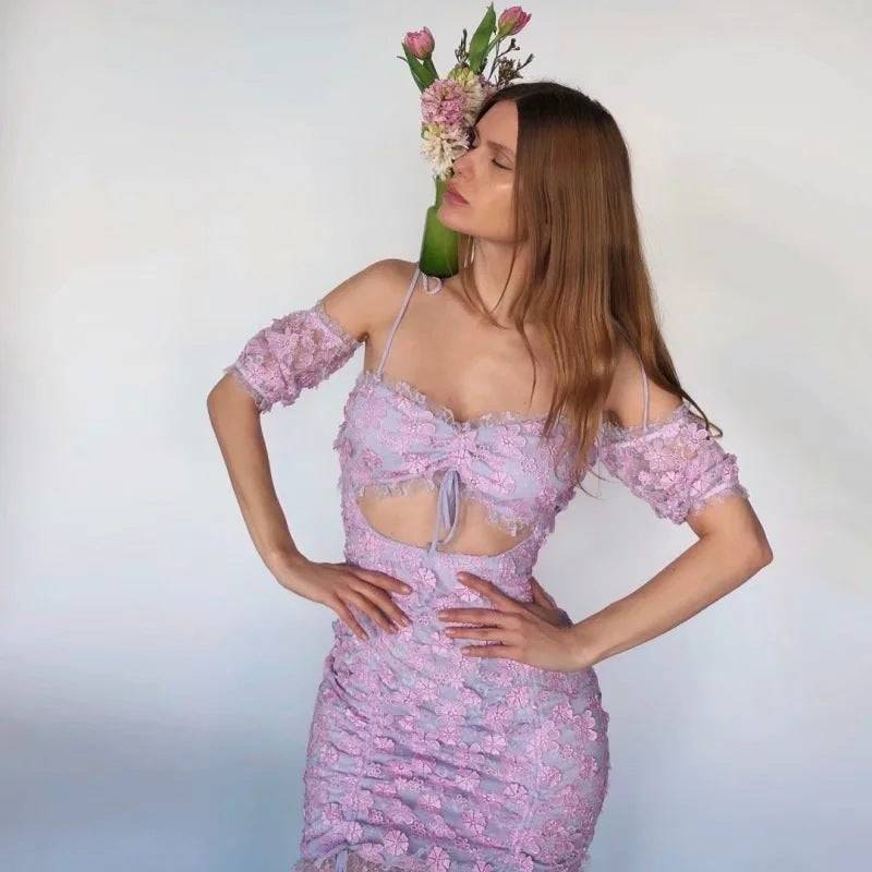 Vintage lace floral embroidery strap hollow ruffle purple dress Veloura Intimate