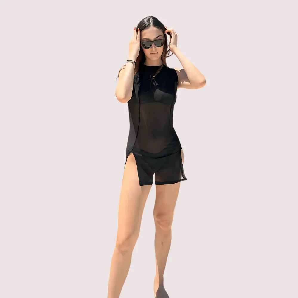 Maison Allure Sheer Black Mini Dress with Dual Open Slits Veloura Intimate