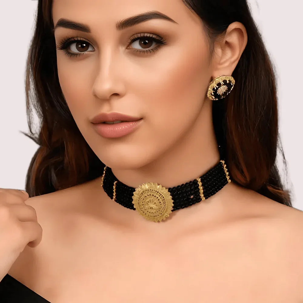 Midnight Majesty Black Beaded Necklace with Ornate Gold Floral Medallion Veloura Intimate