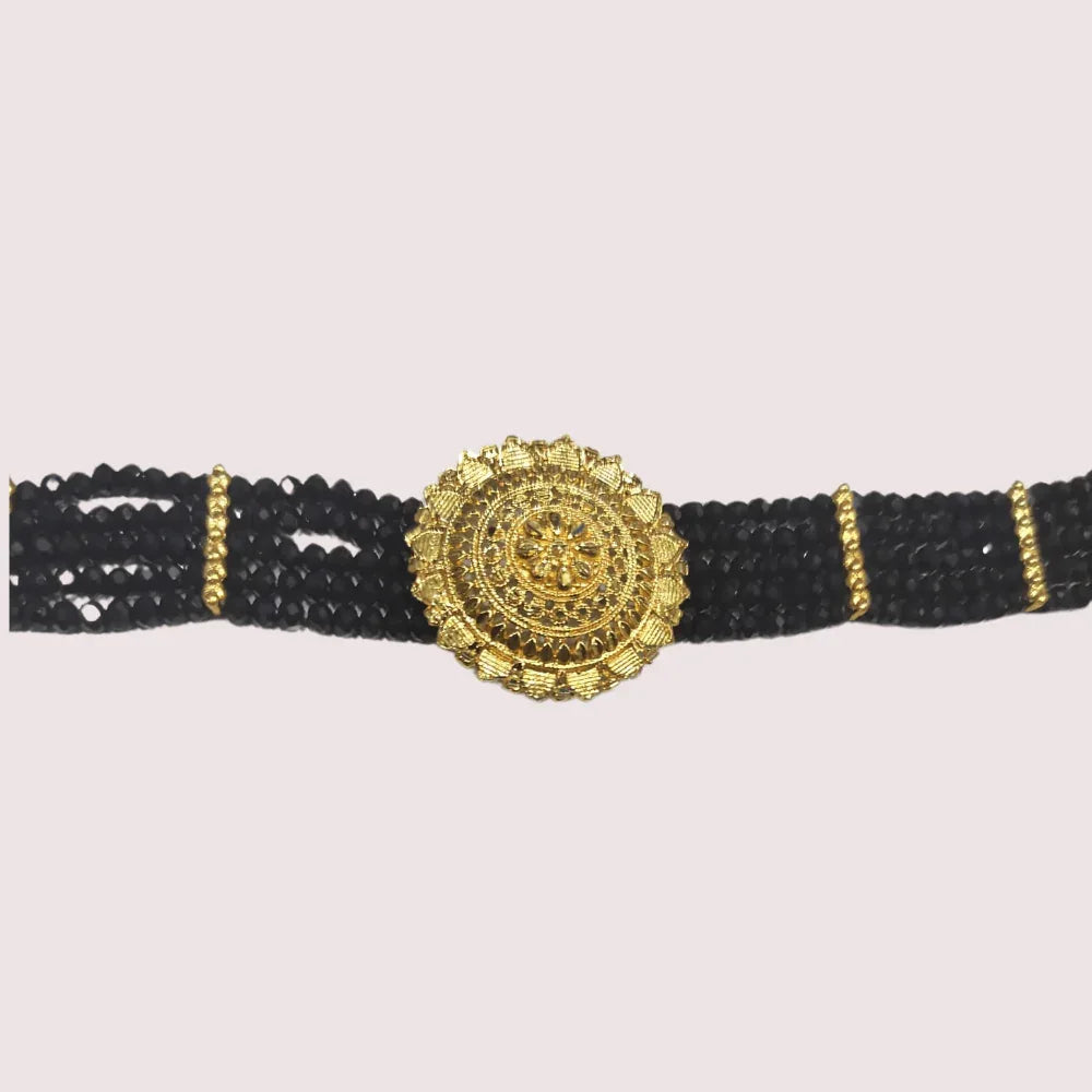 Midnight Majesty Black Beaded Necklace with Ornate Gold Floral Medallion Veloura Intimate
