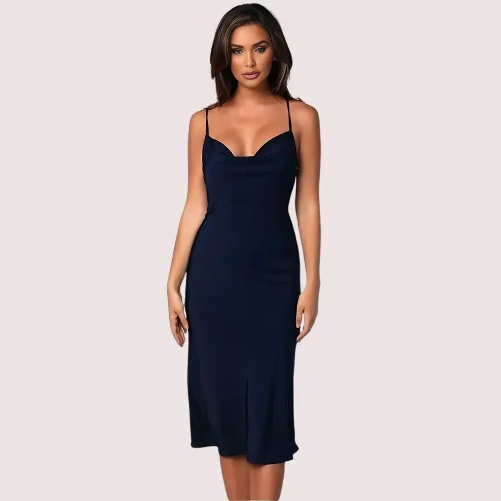 Navy Satin Cowl Neck Midi Dress Veloura Intimate