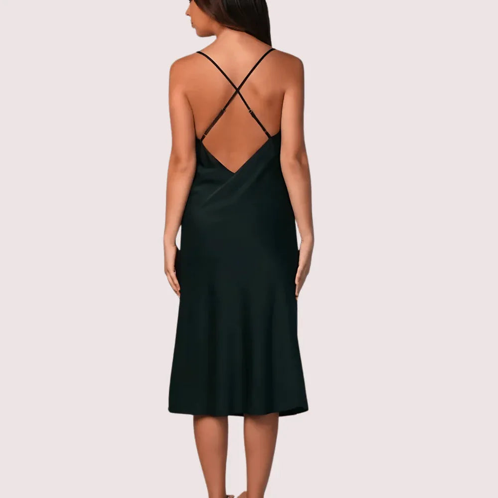 Navy Satin Cowl Neck Midi Dress Veloura Intimate