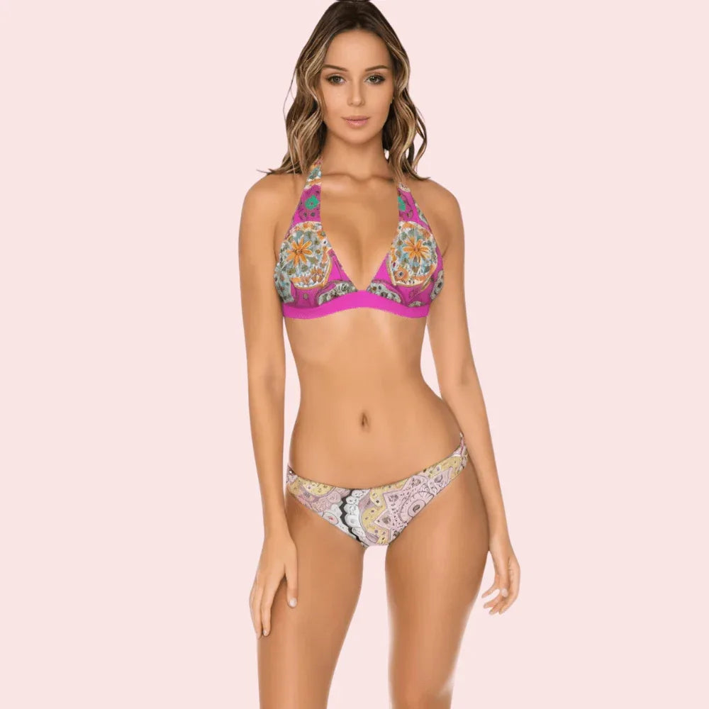Pink Geometric Mandala Halter Bikini Topa (Top Only) Veloura Intimate