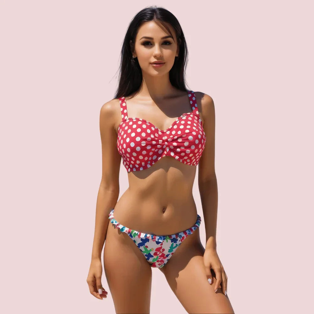 Retro Polka Dot & Knot-Front Bikini Topa (Top Only) Veloura Intimate
