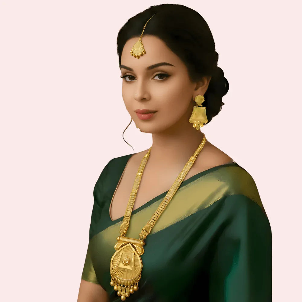 Royal Temple Gold Necklace Set with Jhumka Earrings & Maang Tikka Veloura Intimate