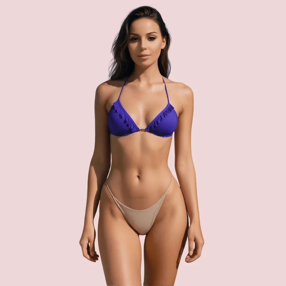 Ruffle Trimmed Halter Triangle Bikini Topa in Vibrant Royal Blue (Top Only) Veloura Intimate