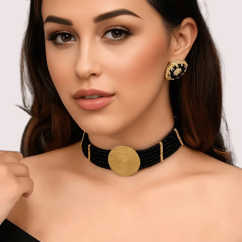 Timeless Grace Black Beaded Necklace with Gold Mandala Pendant Veloura Intimate