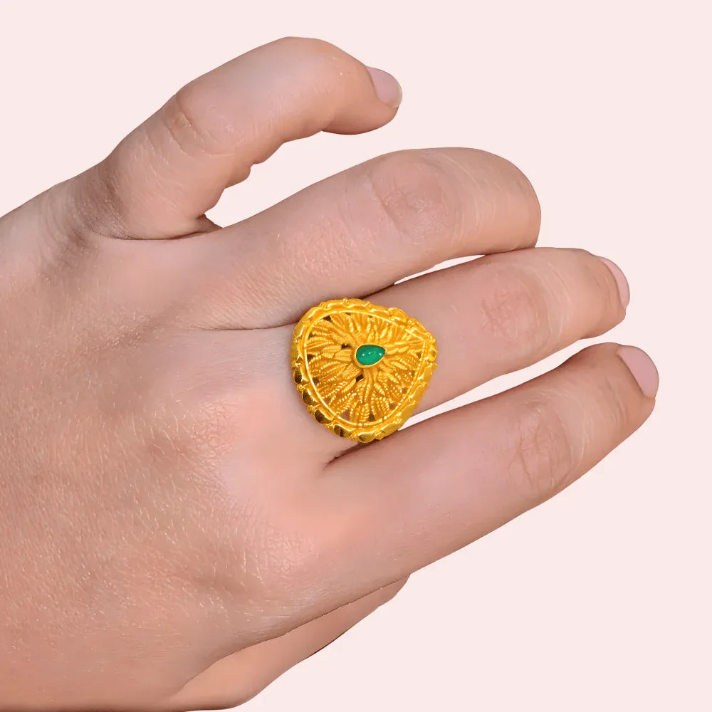 Traditional Sunburst Gold Finish Ring with Green Center Stone Veloura Intimate