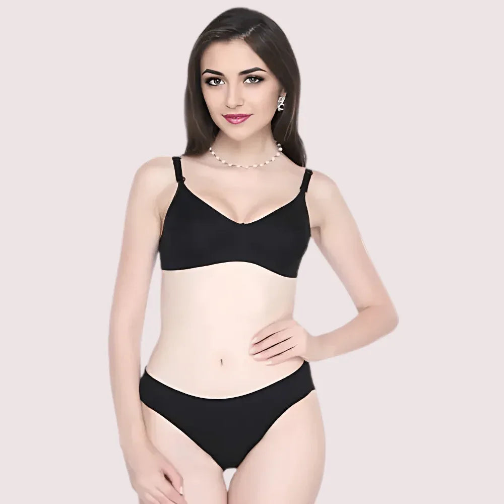 Women’s Classic Smooth Black Bra And Panty Set Veloura Intimate
